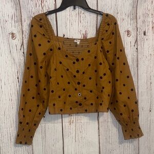 Madewell Mustard Brown Polka Dot Square-Neck Crop Blouse